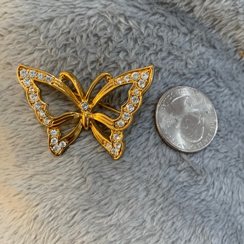 Vintage Signed Monet Butterfly Gold Tone Brooch Pin With Clear Rhinestones